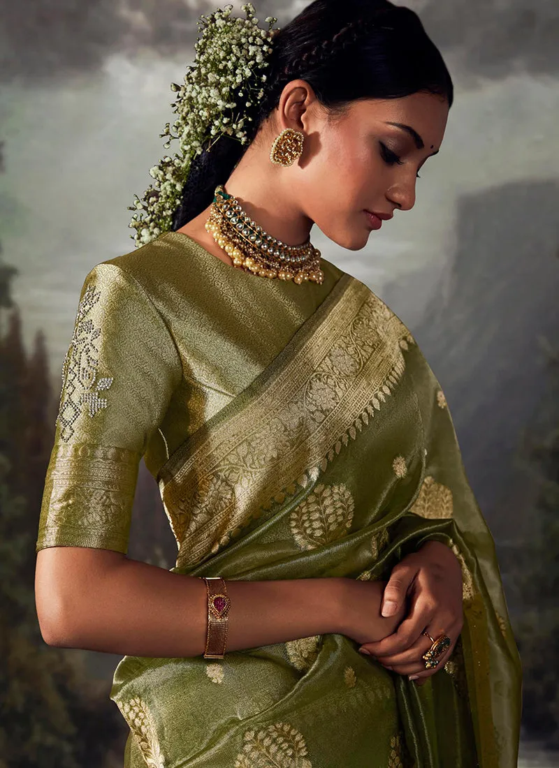 Green Golden Crystal Stone Embellished Brocade Silk Saree