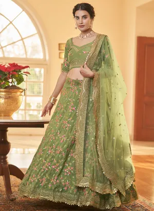Green Multi Zari Embroidery Wedding Silk Lehenga