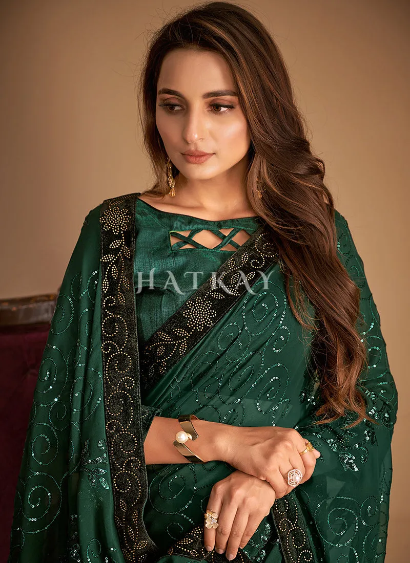 Green Sequence Embroidery Georgette Saree