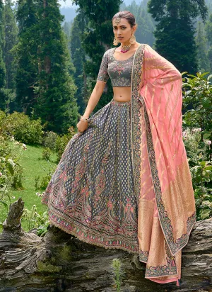 Grey And Pink Embroidery Wedding Lehenga Choli