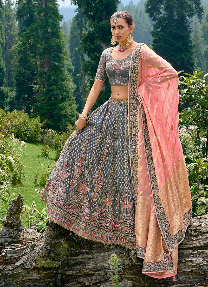 Grey And Pink Embroidery Wedding Lehenga Choli