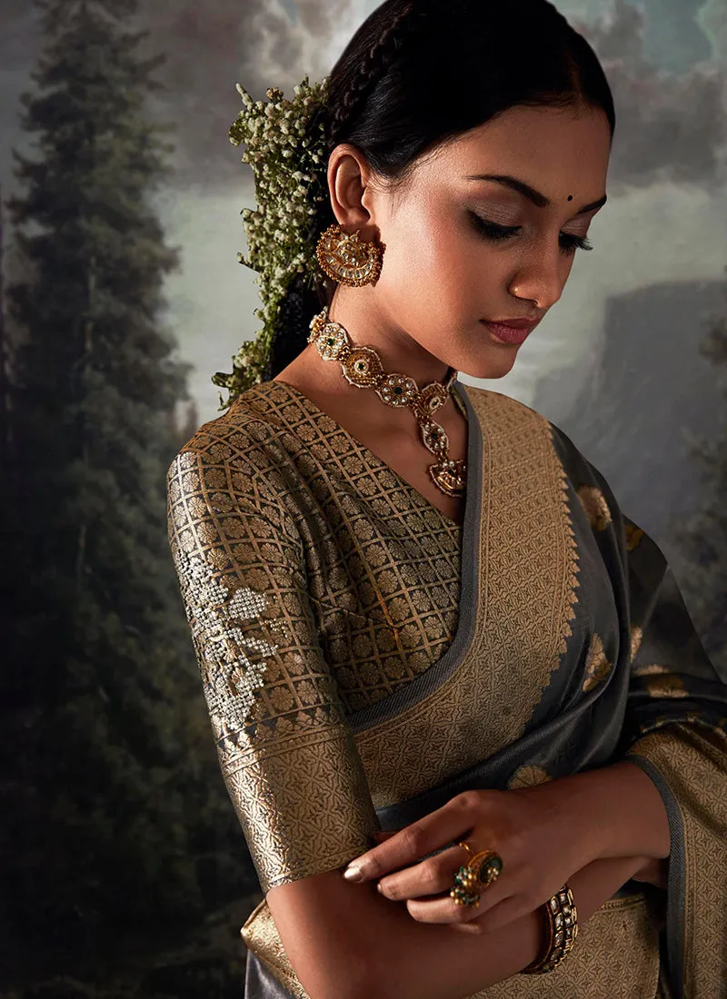 Grey Golden Crystal Stone Embellished Brocade Silk Saree
