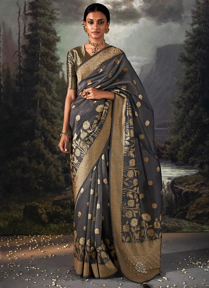 Grey Golden Crystal Stone Embellished Brocade Silk Saree