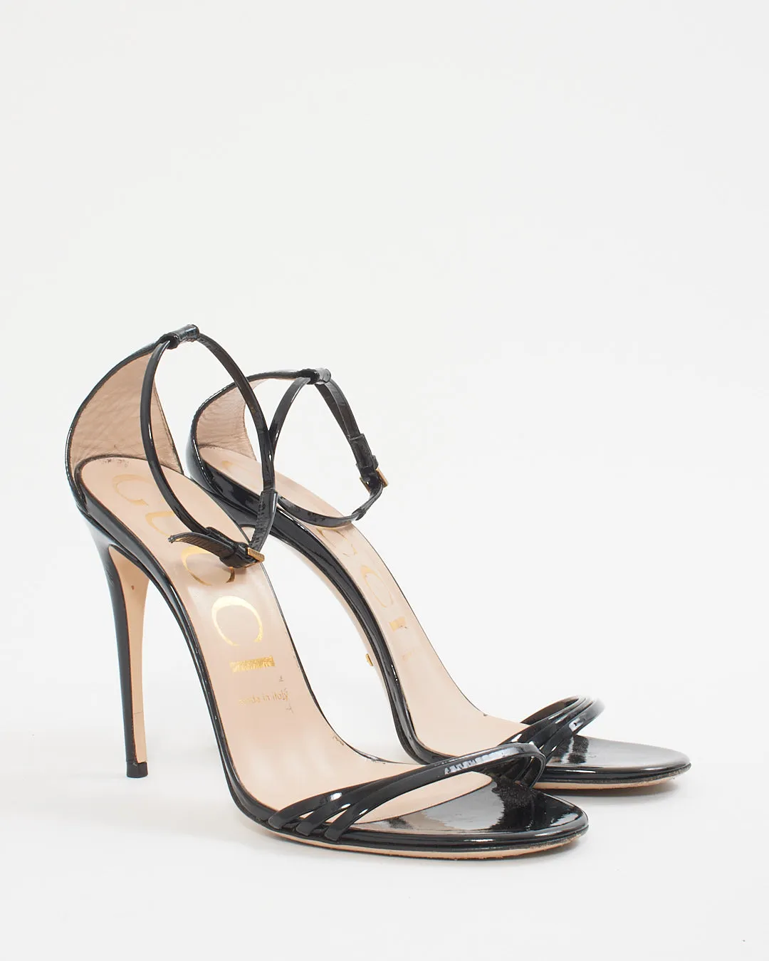 Gucci Black Patent Strappy Sandal Heels - 38