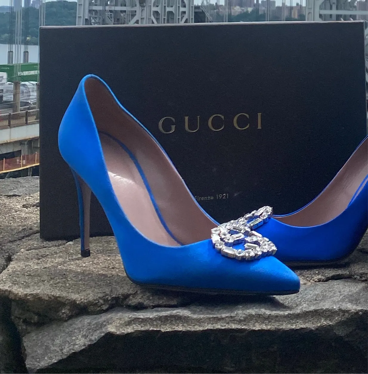 Gucci Blue Satin Pumps with Crystal