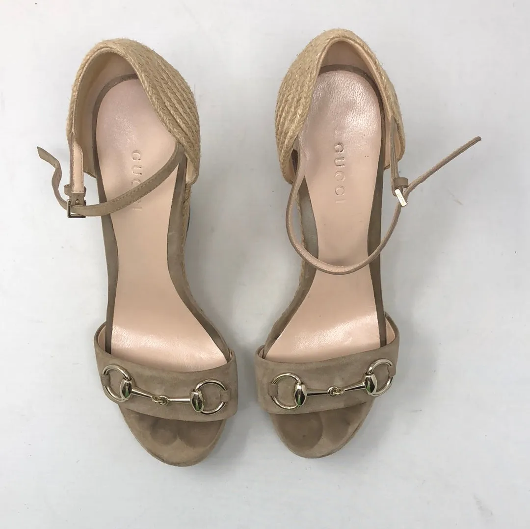 Gucci Horsebit Peep Toe Woven Wedge Sandal