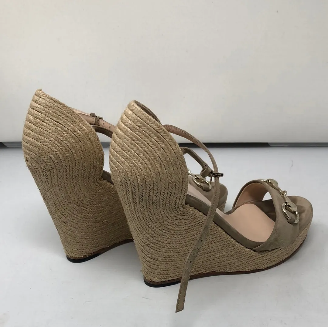 Gucci Horsebit Peep Toe Woven Wedge Sandal