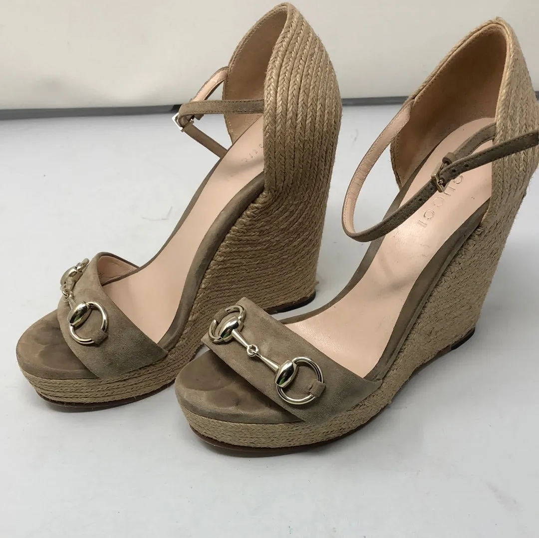 Gucci Horsebit Peep Toe Woven Wedge Sandal