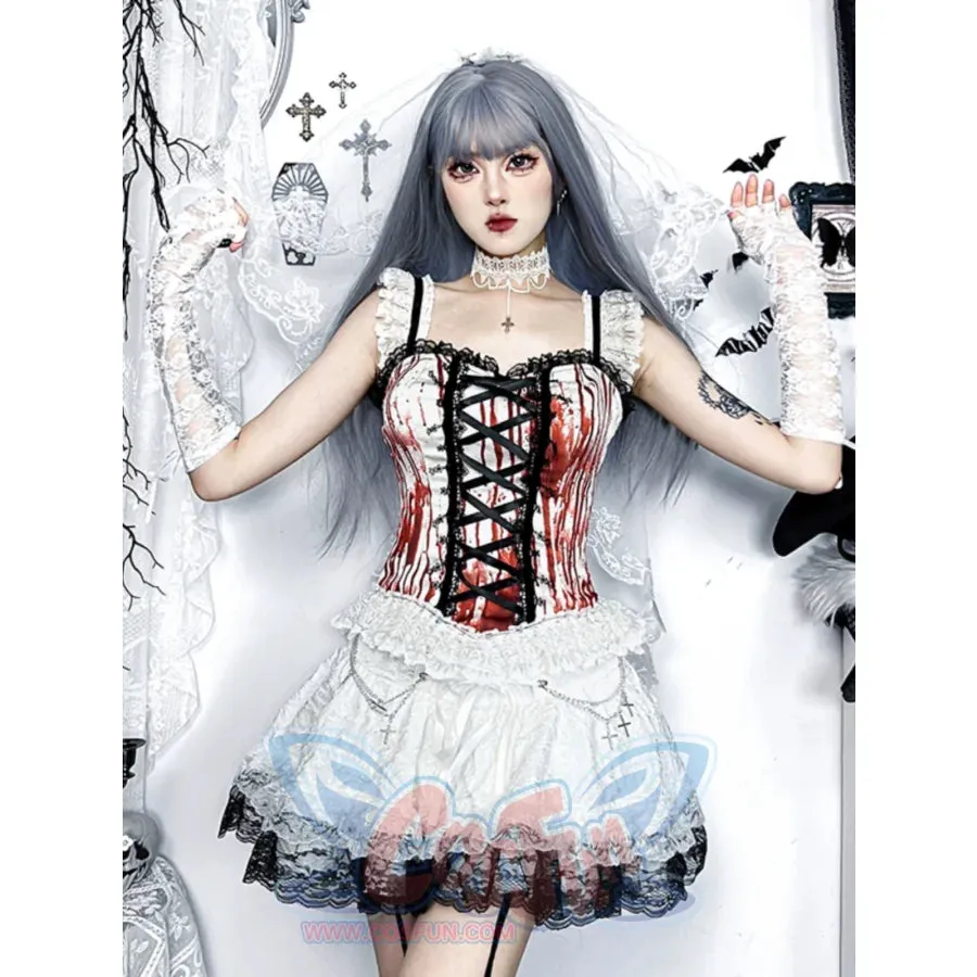 Halloween Bloody Mary Drawstring Halter Lolita Halter Top And Skirt