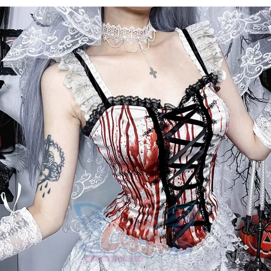 Halloween Bloody Mary Drawstring Halter Lolita Halter Top And Skirt