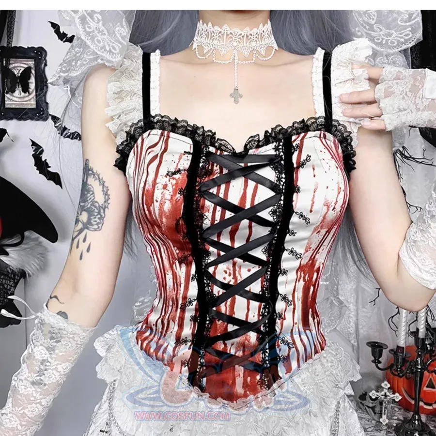 Halloween Bloody Mary Drawstring Halter Lolita Halter Top And Skirt