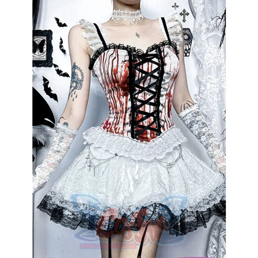 Halloween Bloody Mary Drawstring Halter Lolita Halter Top And Skirt