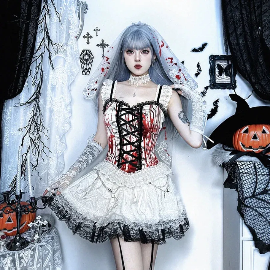 Halloween Bloody Mary Drawstring Halter Lolita Halter Top And Skirt
