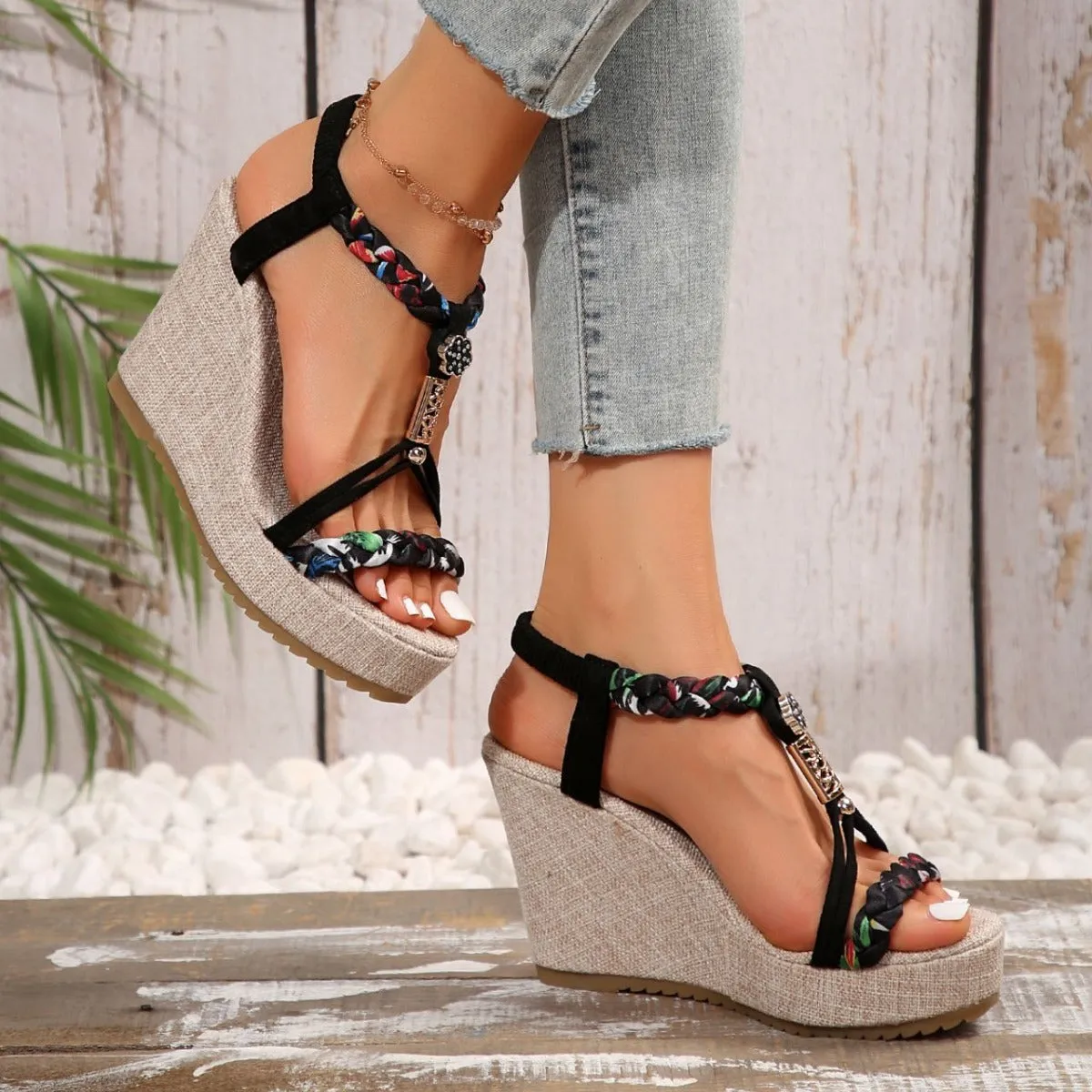 Hazel Blues® |  Braided Strap Wedge Sandals