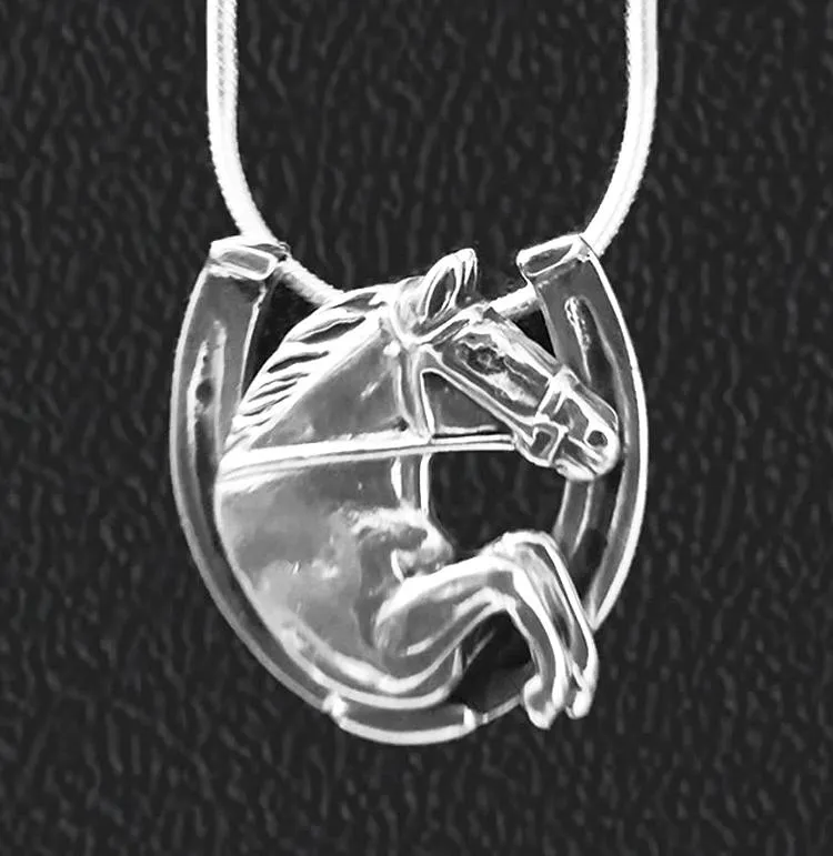 Hunter Jumper in Horseshoe Sterling Pendant by Jane Heart