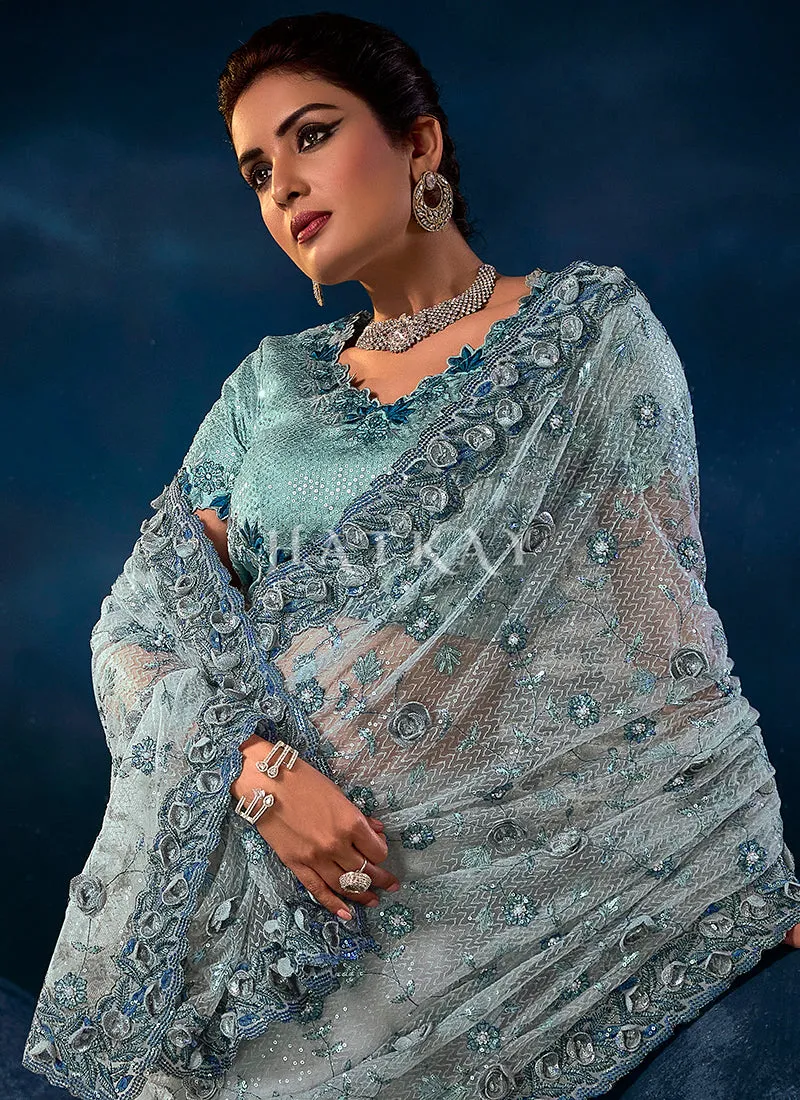 Ice Blue Sequence Embroidered Festive Saree