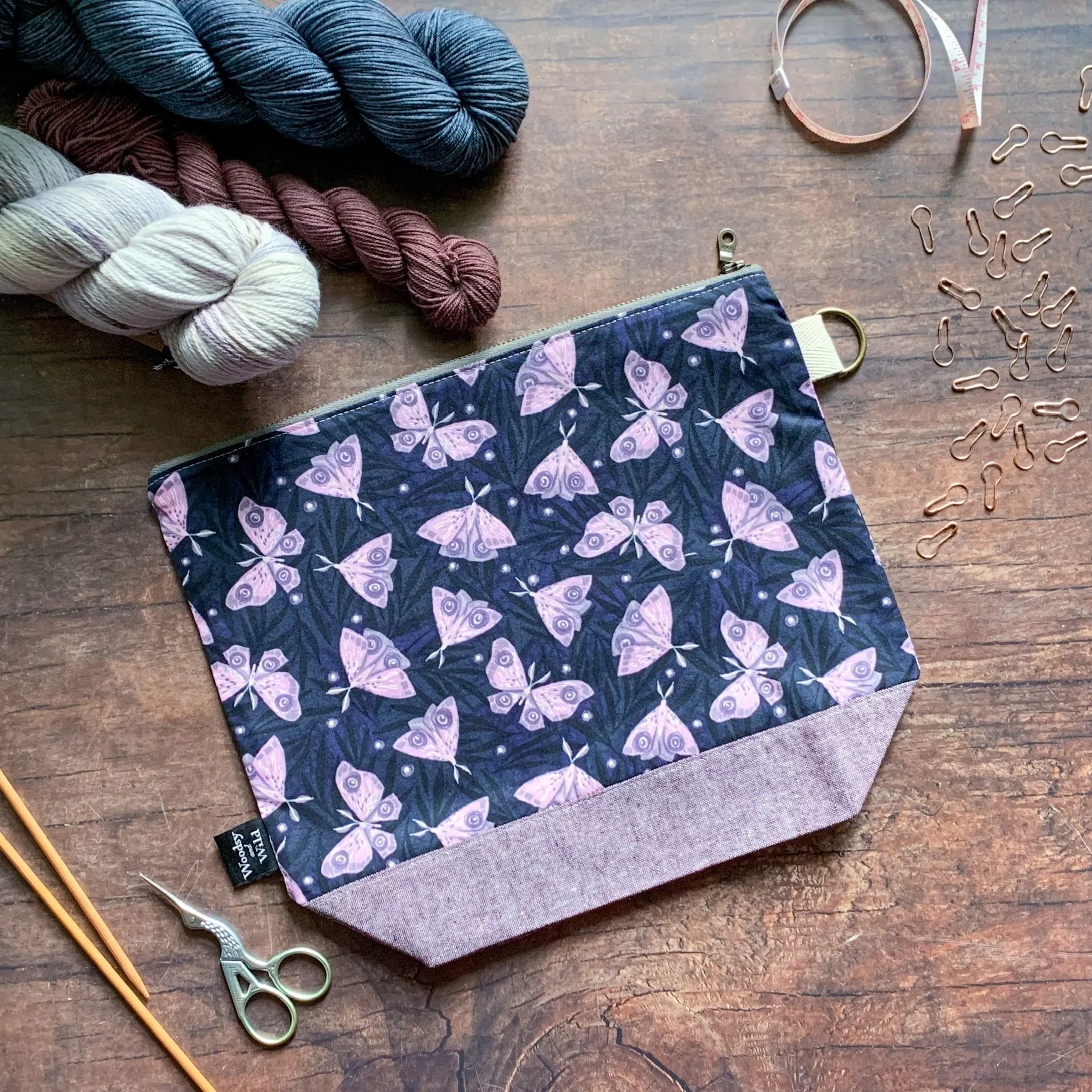 *Indigo Moths* Knitting Project Bag- Ready to Ship