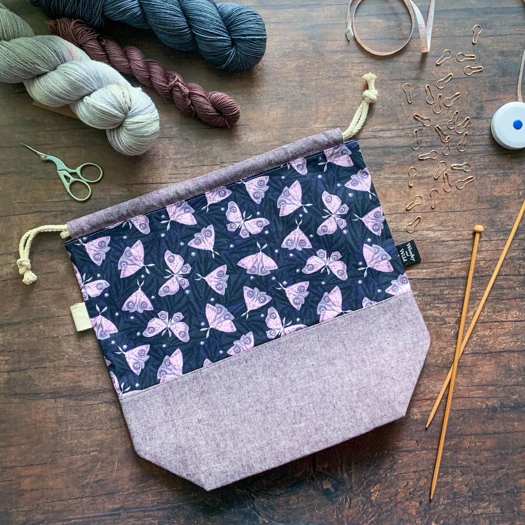 *Indigo Moths* Knitting Project Bag- Ready to Ship
