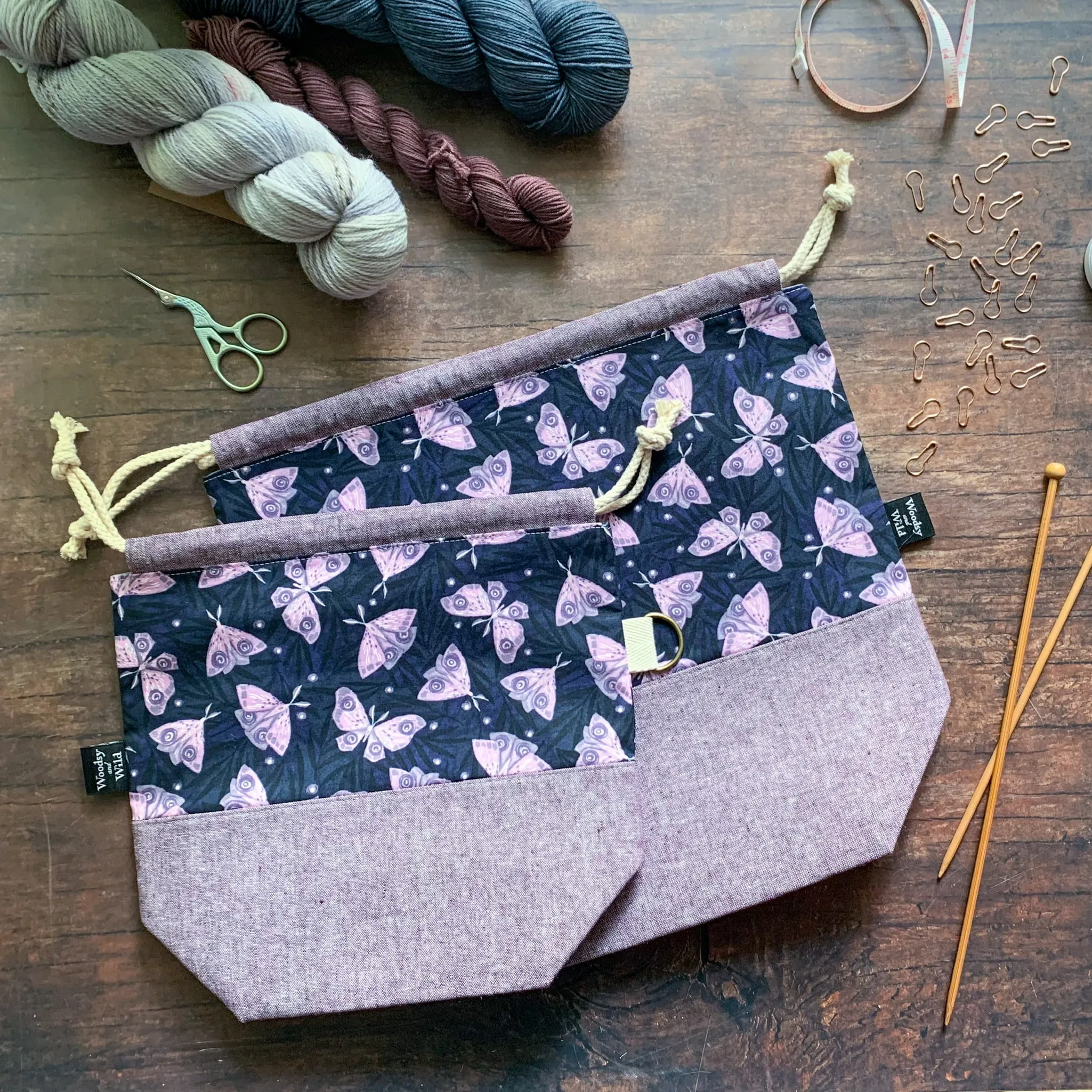 *Indigo Moths* Knitting Project Bag- Ready to Ship