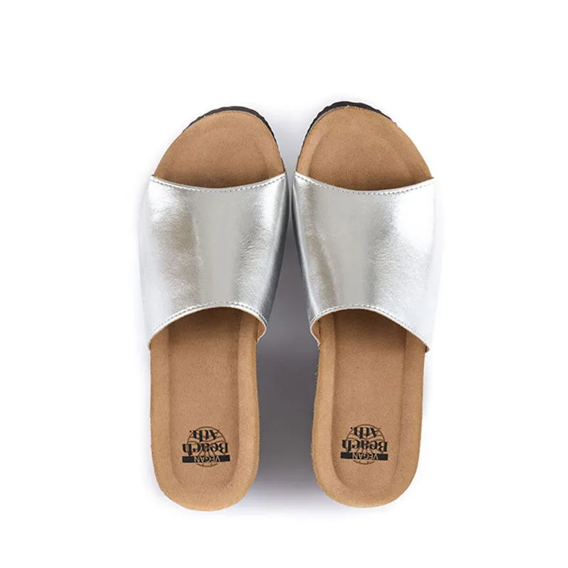 Inoro - Vegan Wedge Metallic Slider - Metallic  Silver