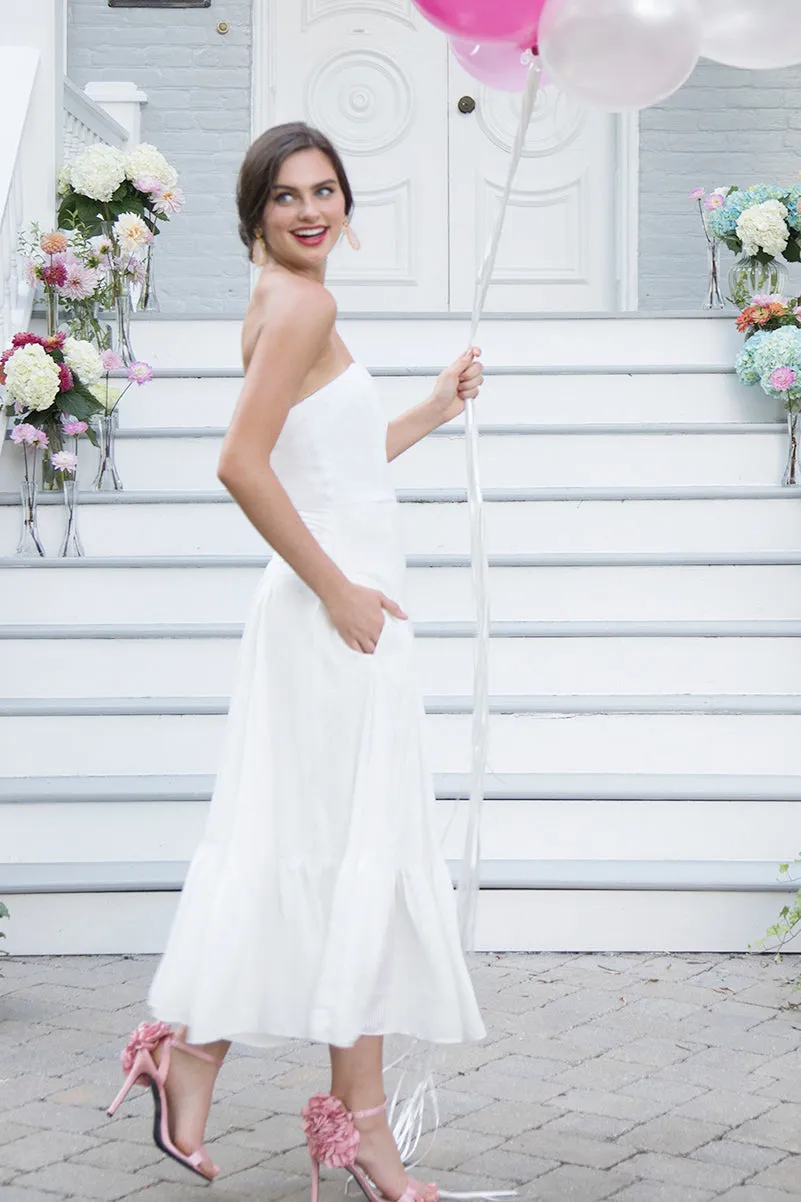 Ivie White Strapless Tea Length Rehearsal Dinner And Wedding Dress