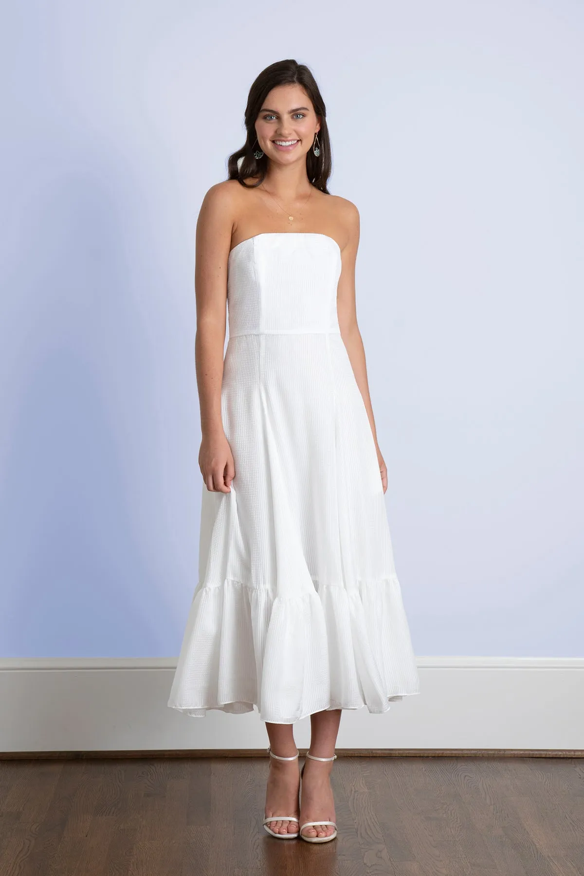 Ivie White Strapless Tea Length Rehearsal Dinner And Wedding Dress