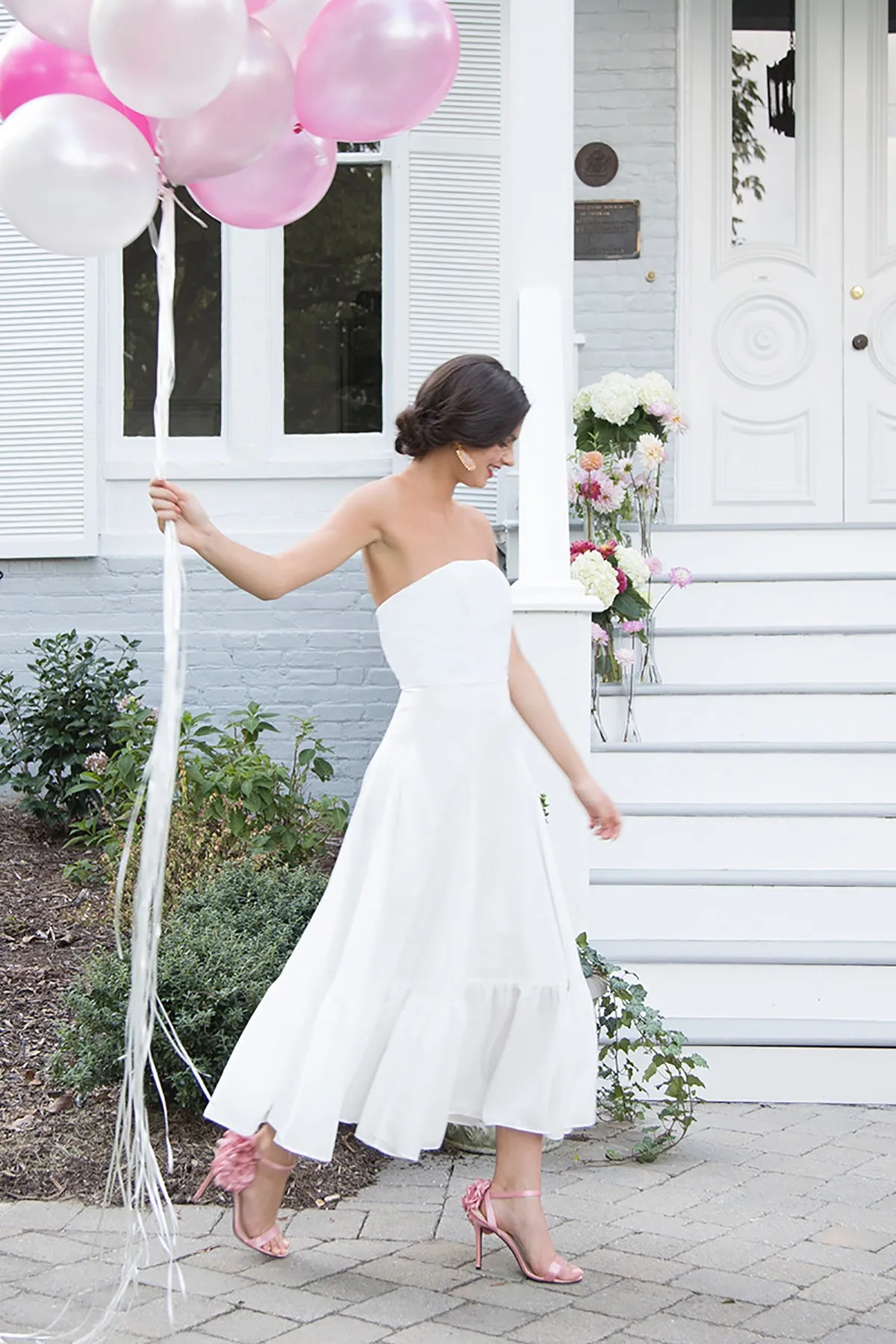 Ivie White Strapless Tea Length Wedding Reception Dress