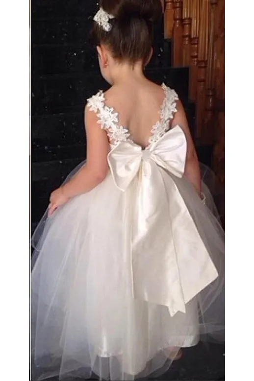 Ivory Sweetheart Lace Cute Tulle Bowknot Flower Girl Dresses  OHR009