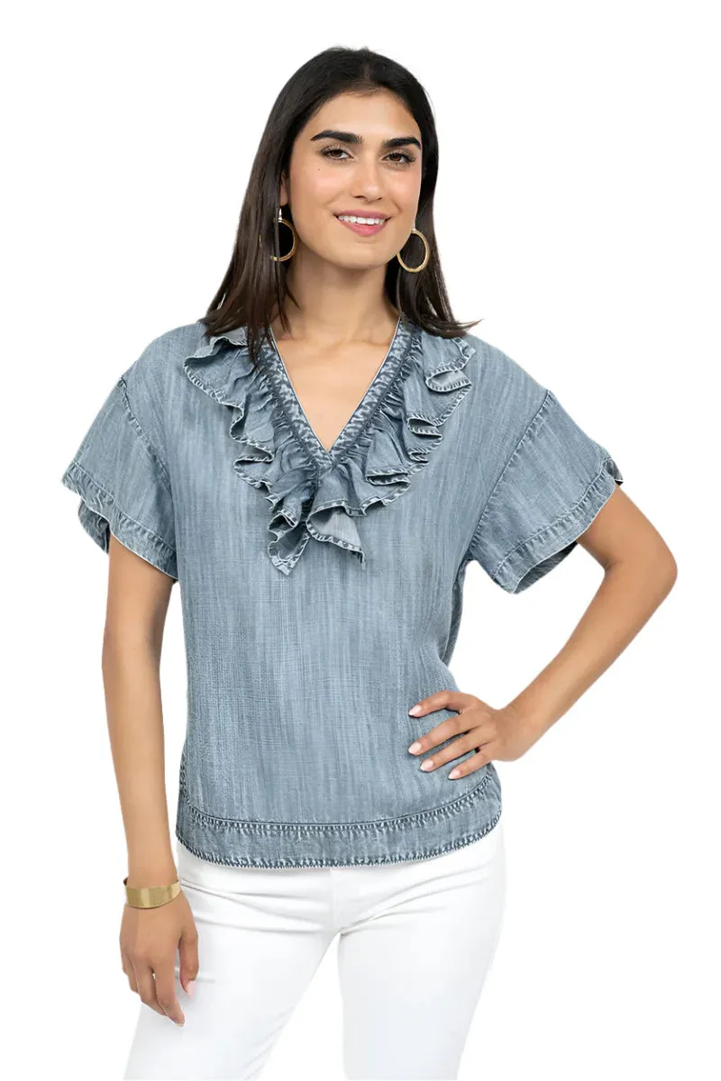 Ivy Jane Ruffle Front Tunic Top in Indigo