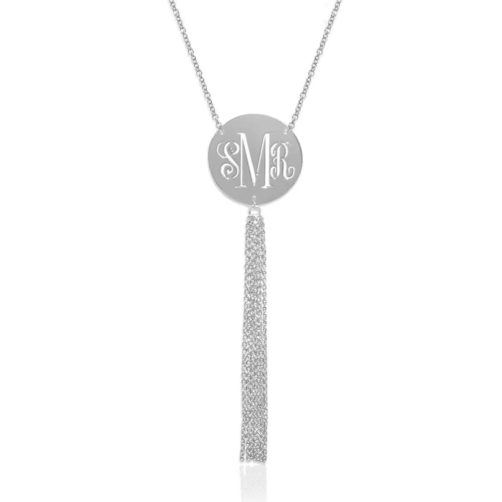 Jane Basch Pierced Monogram Disc with Tassel Necklace - Sterling Silver