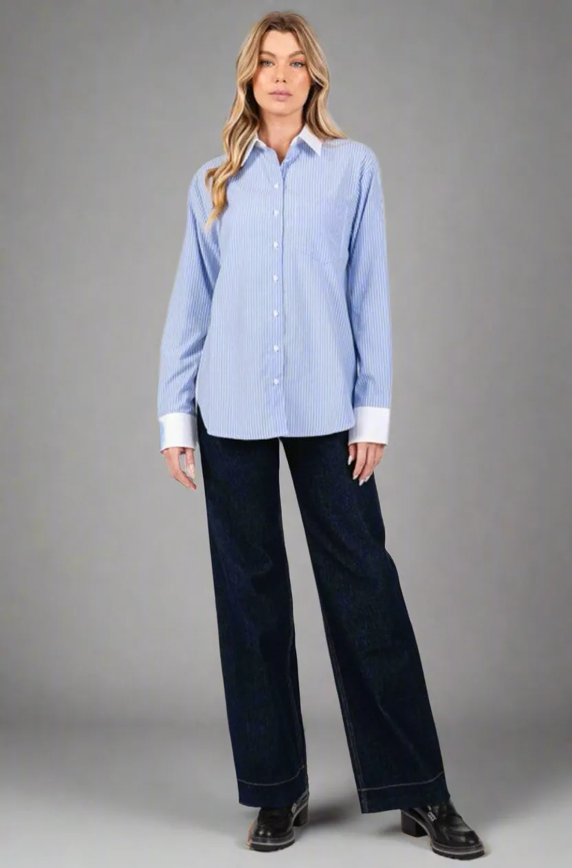 Jane Blue and White Striped Button Down Shirt By SAM D’MONES