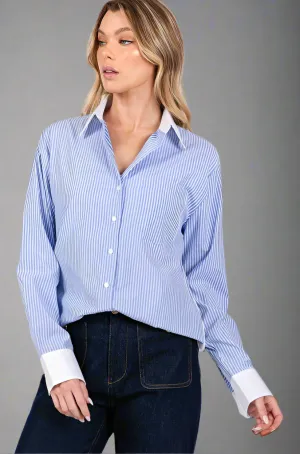 Jane Blue and White Striped Button Down Shirt By SAM D’MONES