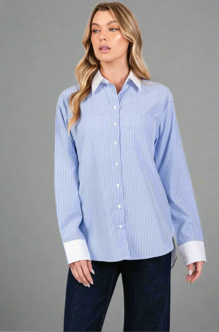 Jane Blue and White Striped Button Down Shirt By SAM D’MONES
