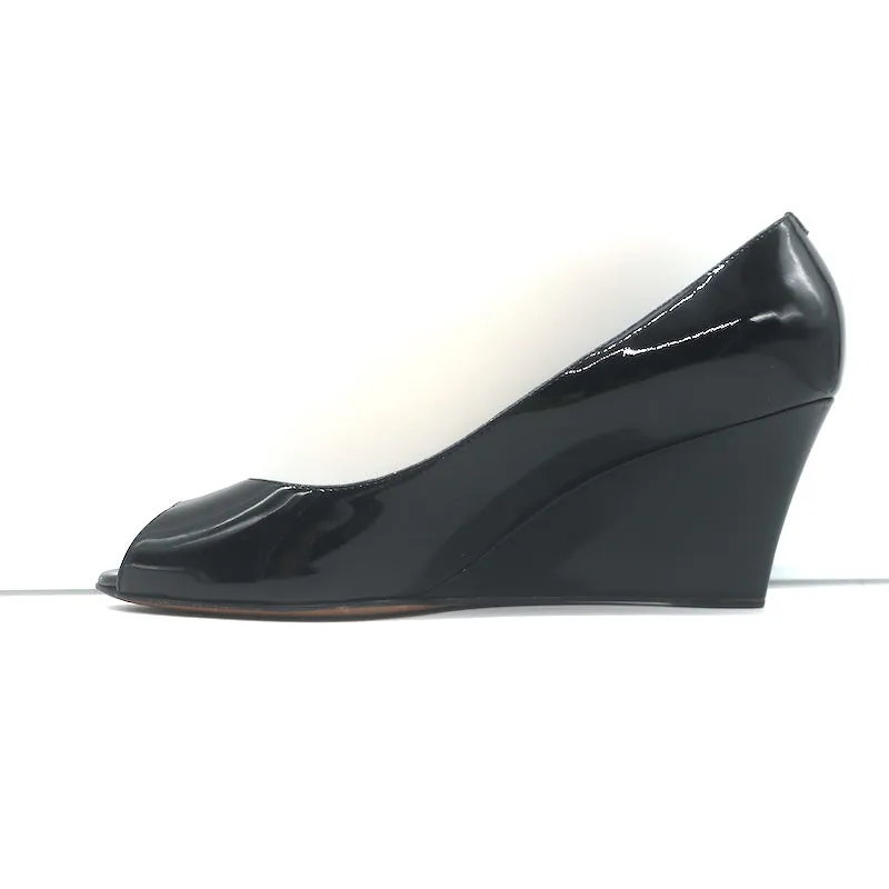 Jimmy Choo Baxen Peep Toe Wedge Pumps Black Patent Leather Size 38.5