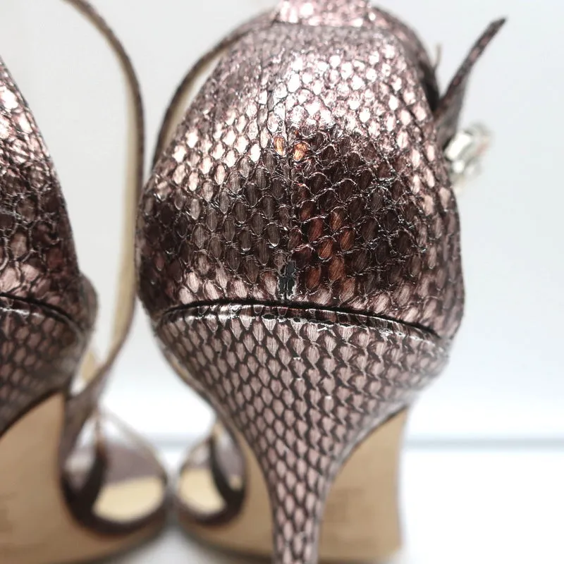 Jimmy Choo Crystal Buckle Sandals Mercury Metallic Watersnake Size 39