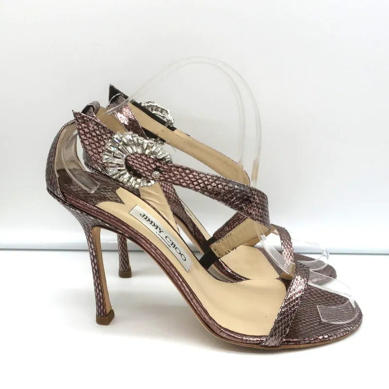 Jimmy Choo Crystal Buckle Sandals Mercury Metallic Watersnake Size 39