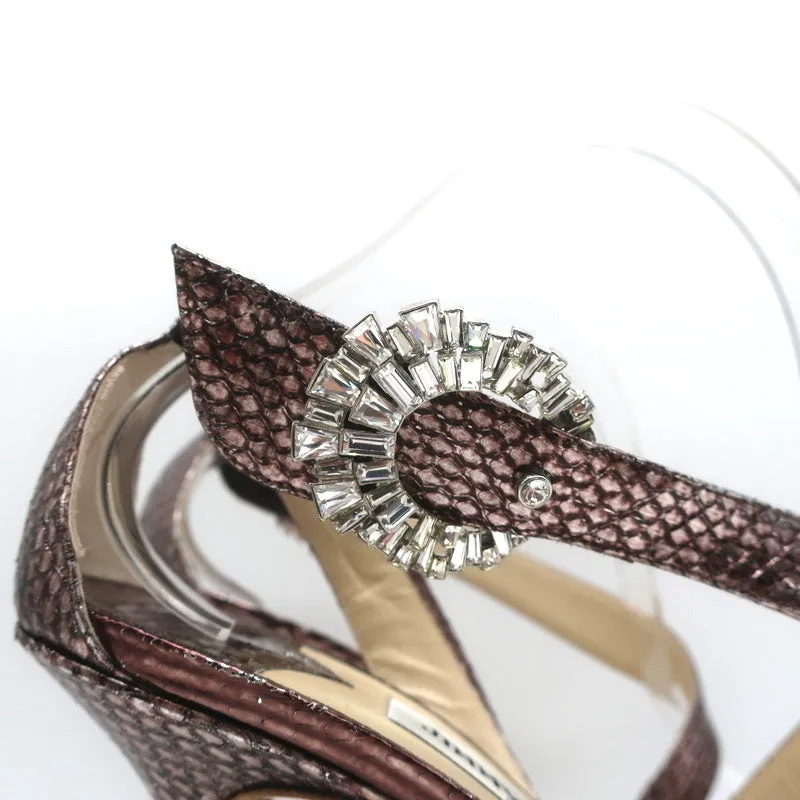 Jimmy Choo Crystal Buckle Sandals Mercury Metallic Watersnake Size 39