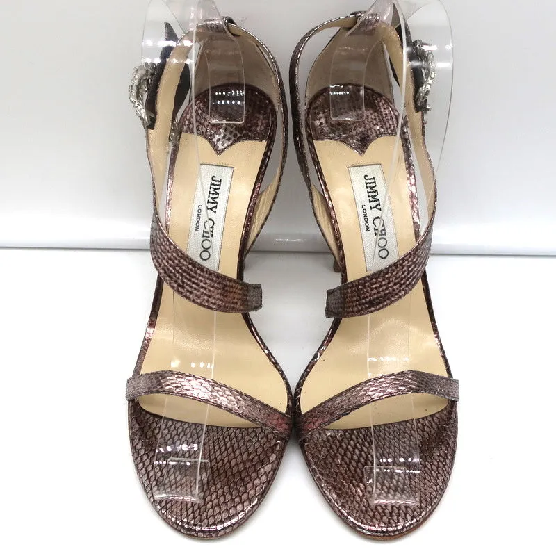 Jimmy Choo Crystal Buckle Sandals Mercury Metallic Watersnake Size 39
