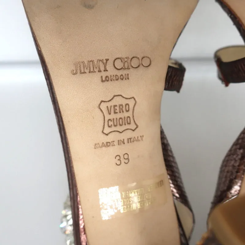 Jimmy Choo Crystal Buckle Sandals Mercury Metallic Watersnake Size 39