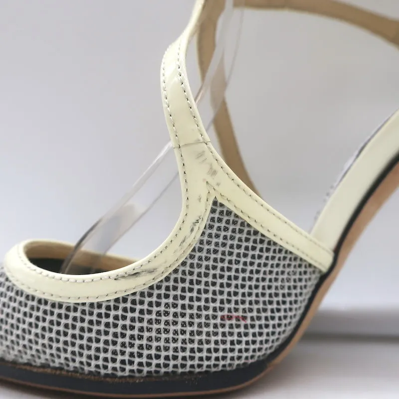 Jimmy Choo Lancer 100 Strappy Pumps Black/Cream Mesh & Patent Leather Size 34.5