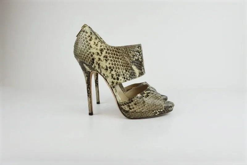Jimmy Choo Private Sandals Ivory Snake-Embossed Leather Size 39 Open Toe Heel
