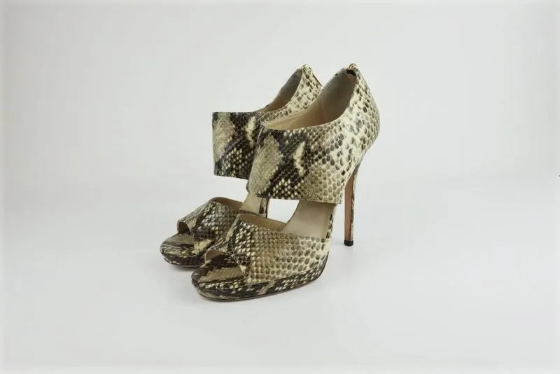 Jimmy Choo Private Sandals Ivory Snake-Embossed Leather Size 39 Open Toe Heel
