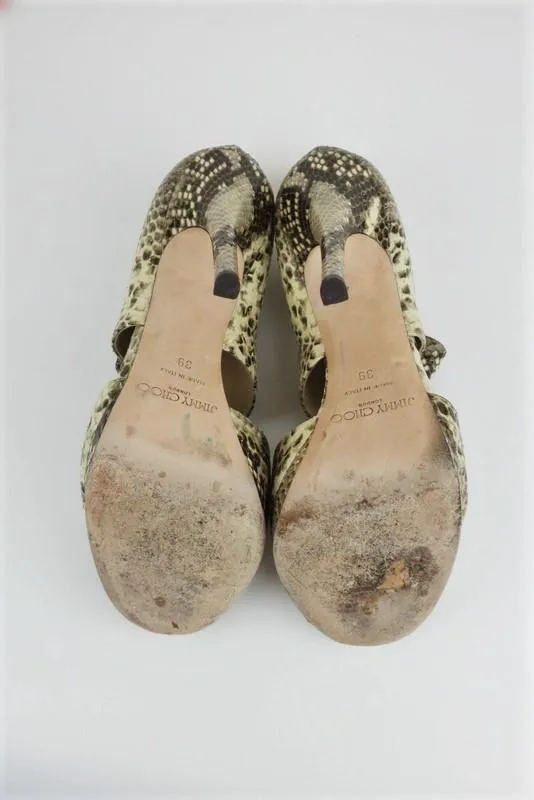 Jimmy Choo Private Sandals Ivory Snake-Embossed Leather Size 39 Open Toe Heel