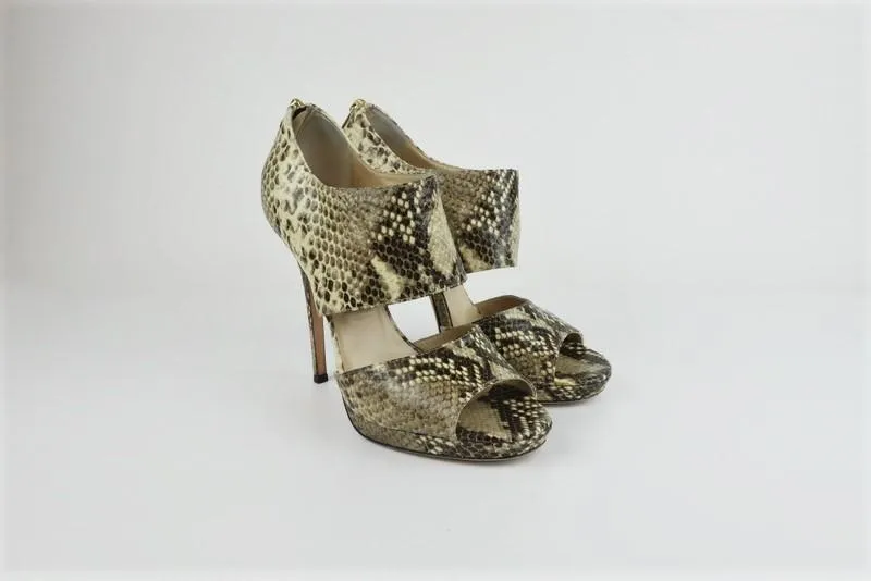 Jimmy Choo Private Sandals Ivory Snake-Embossed Leather Size 39 Open Toe Heel