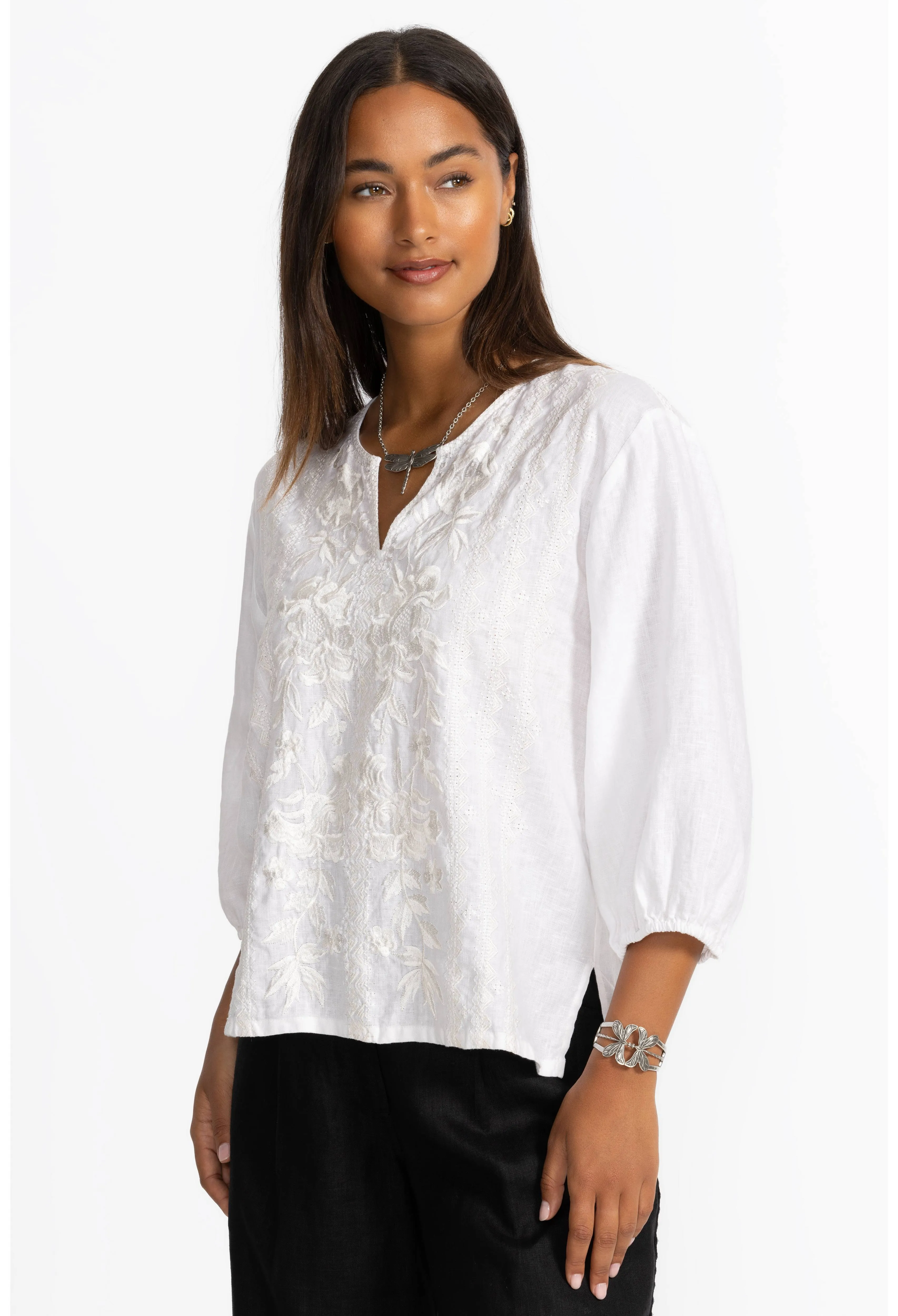 Johnny Was Split Neck Linen Blouse