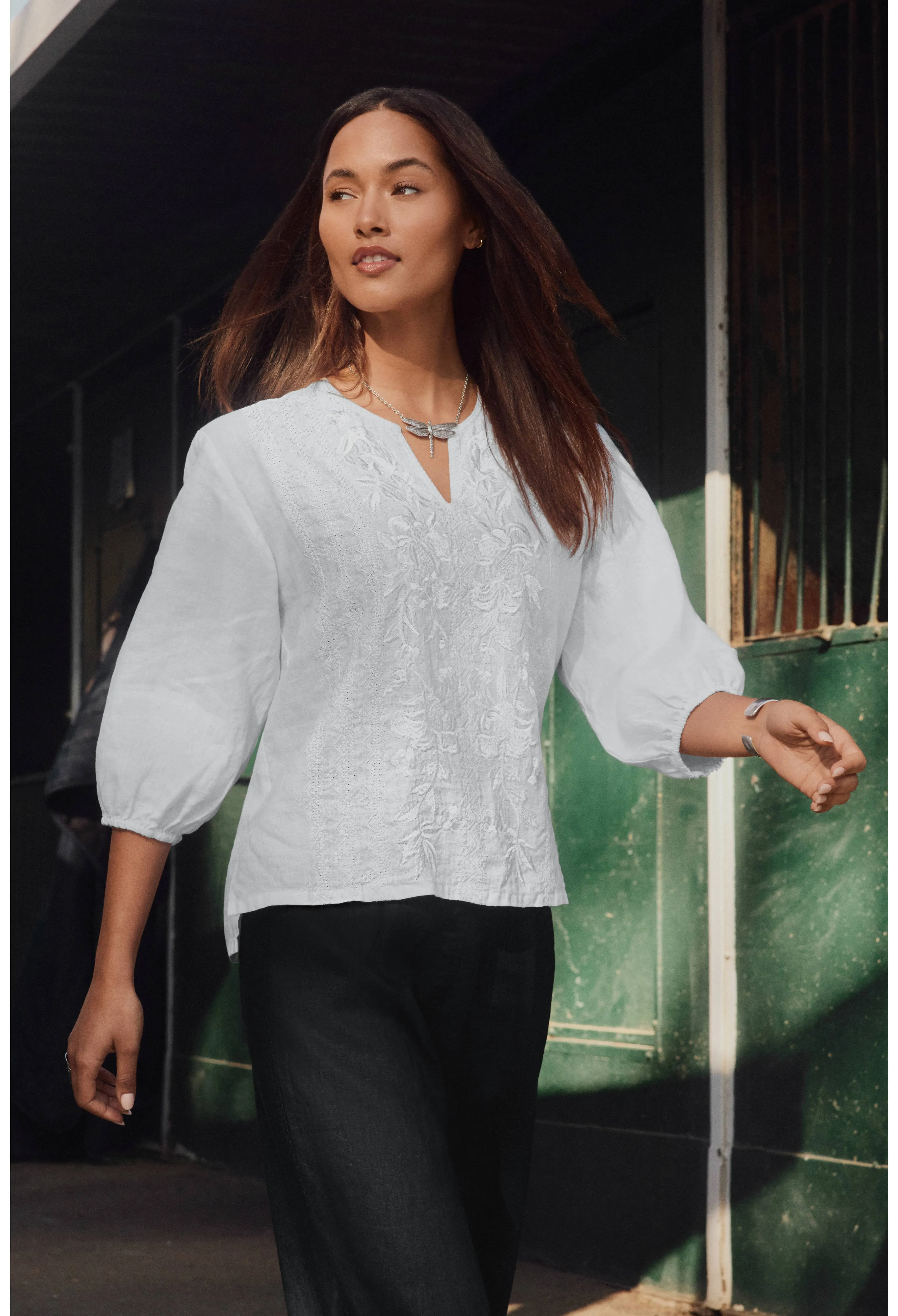 Johnny Was Split Neck Linen Blouse