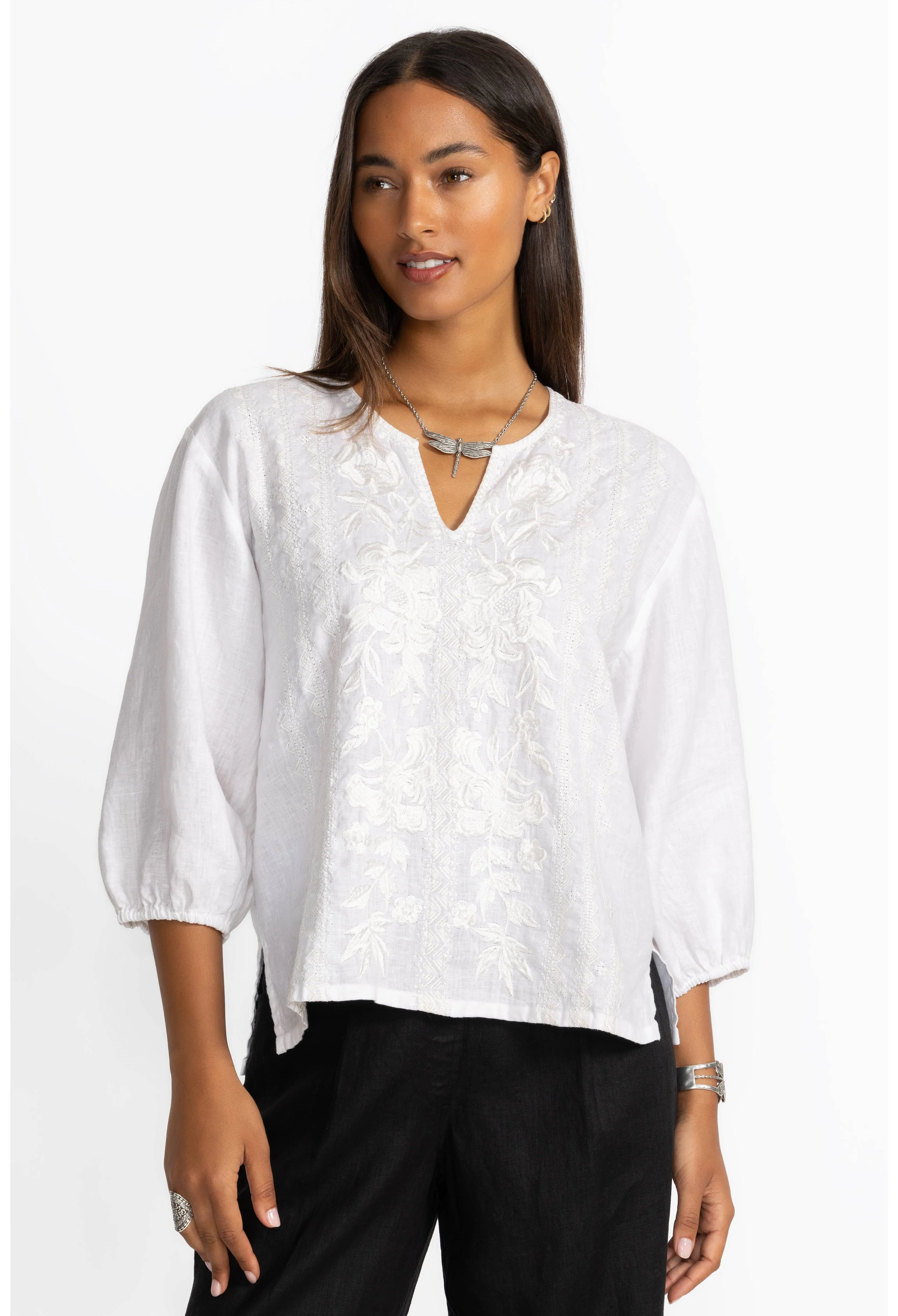 Johnny Was Split Neck Linen Blouse