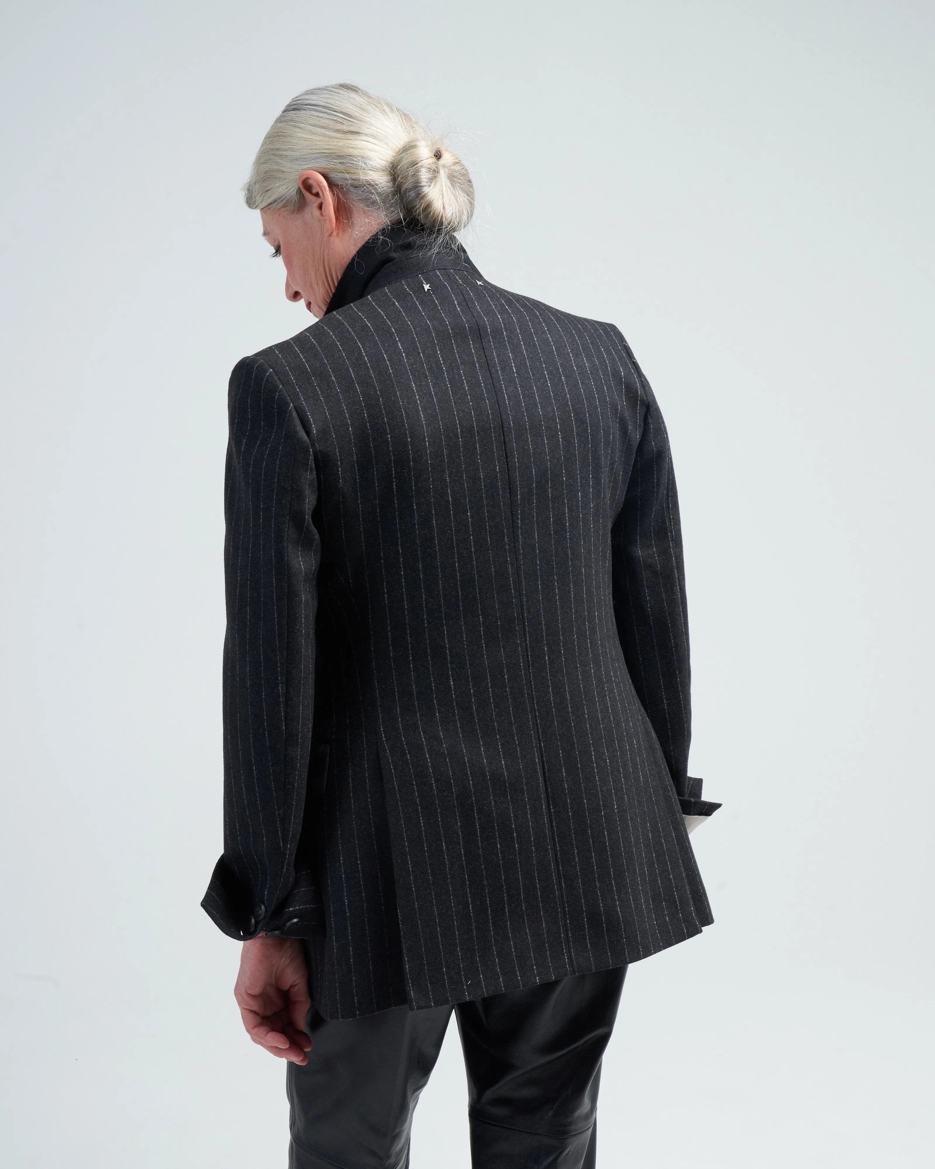 journey blazer double-breasted blend virgin wool flannel pinstripes