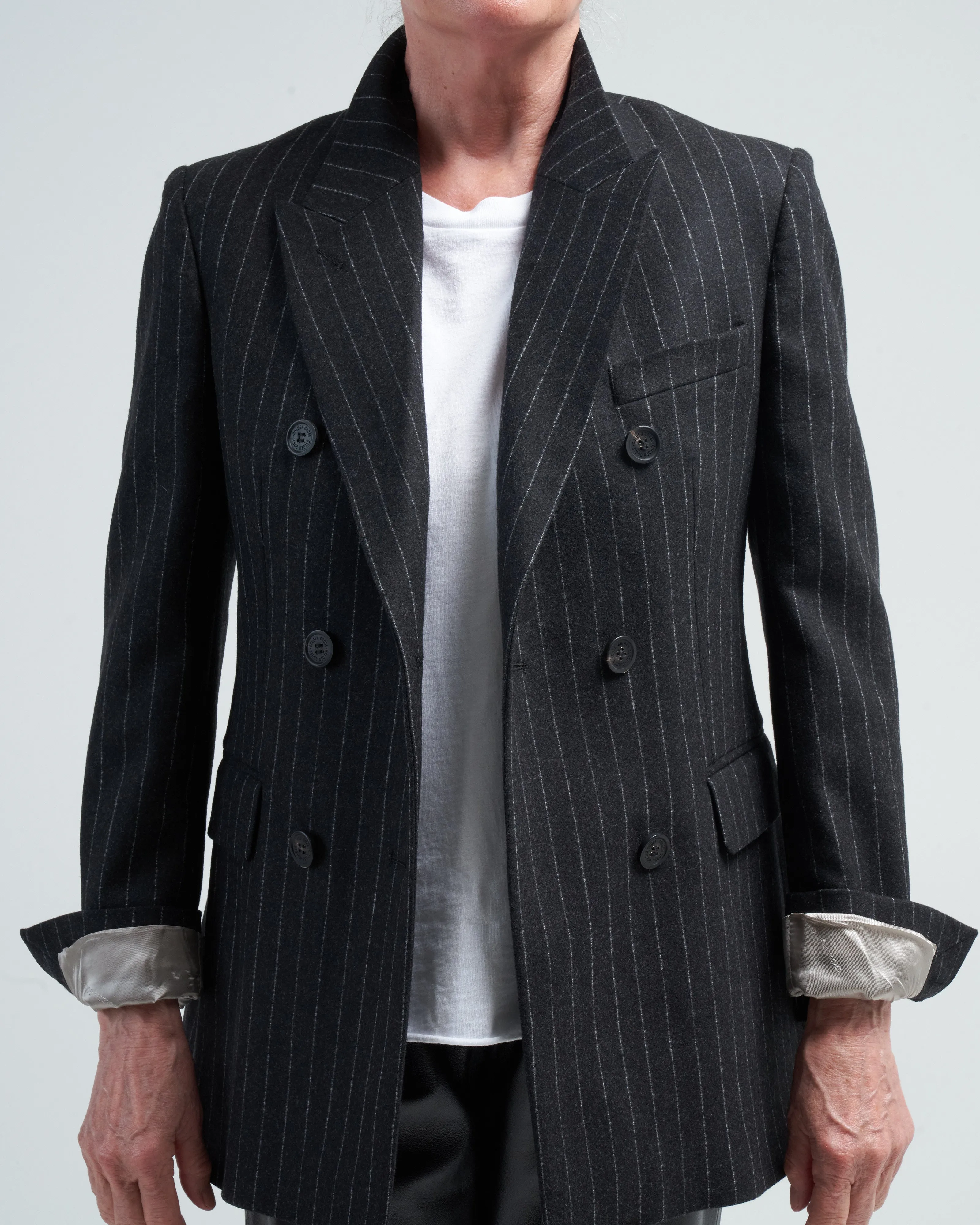 journey blazer double-breasted blend virgin wool flannel pinstripes