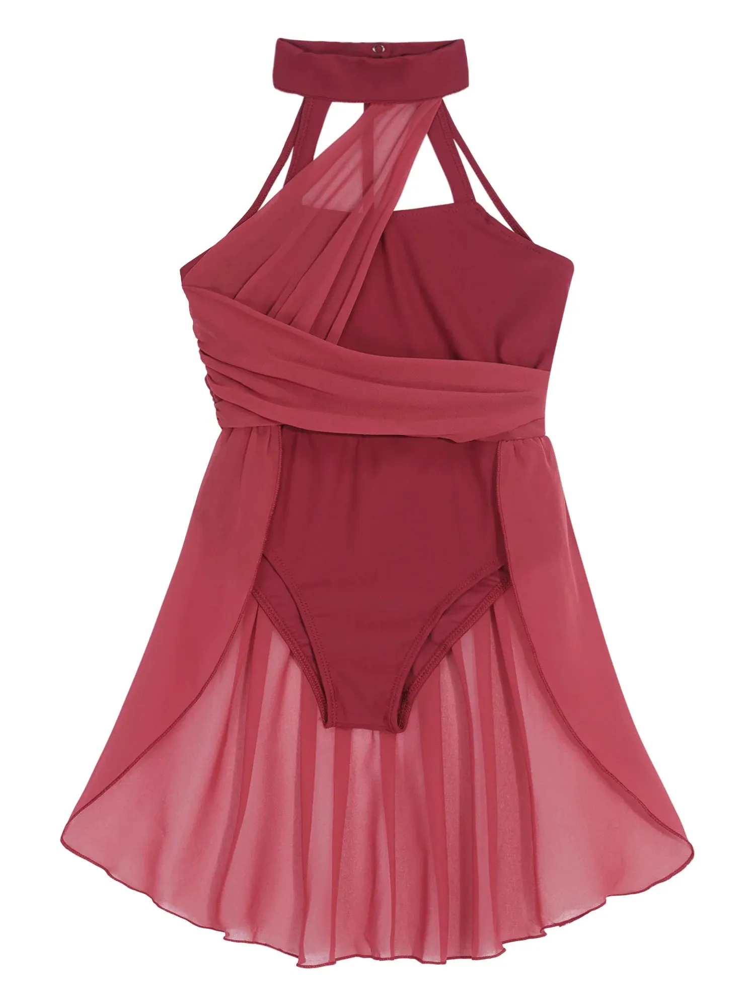 Kid Girls Ballet Leotard Dress: Sleeveless Ruched Chiffon Bodice with Caged Back